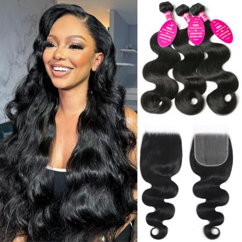 12A Body Wave Bundles with Closure Human Hair 3 Bundles 14 16 18+12 Inch with 4x4 HD Lace Closure 100% Brazilian Virgin Quick Weave Natural Black