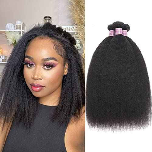 Kinky Straight Human Hair 3Bundles Natural Black Yaki Straigh Brazilian Virgin Remy Hair Grade 10A 100% Unprocessed Kinky Straight Human Hair Extensions (8 10 12 Inch, 3 Bundles)
