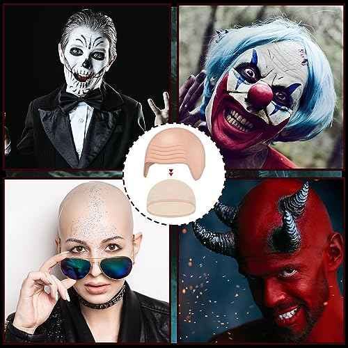 Syhood 4 Packs Halloween Bald Caps Makeup Latex Bald Head Wig Cap Bald Hat Costume Accessories for Women Men Adults(Nude,Medium)