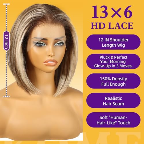 Ash Blonde Highlight Synthetic Lace Front Wig,13¡¿6 HD Short Straight Glueless Bob Wig for White Women Daily Use 12IN£¨#TT6/166£©