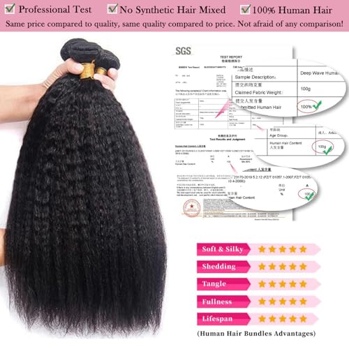 Kinky Straight Bundles Human Hair 18 20 22 Inch Yaki Straight Bundles Real Human Hair Bundles 100% Unprocessed Brazilian Hair Deals Kinkycurly Human Hair Extensions Quick Weave Natural Black