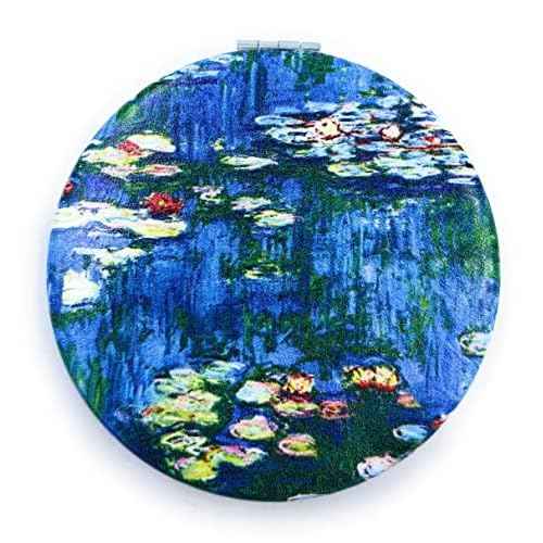 Small Handbag Mirror Compact Mirror for Girls Purse Mirror Folding Pu Leather Floral Compact Claude Monet Water Lilies Unique Gift for Sister