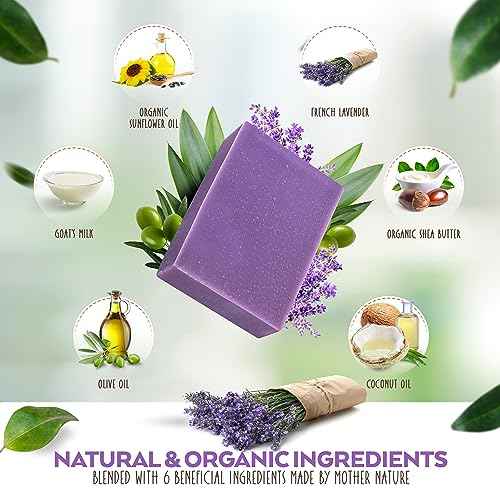 Lavender and Goats Milk Soap Bar. Natural Lavender Soap with Organic Shea Butter & Pure Essential Oils. Gentle for Face and Body. For Men, Women & Teens. Handmade in USA. 4.5 oz Bar.