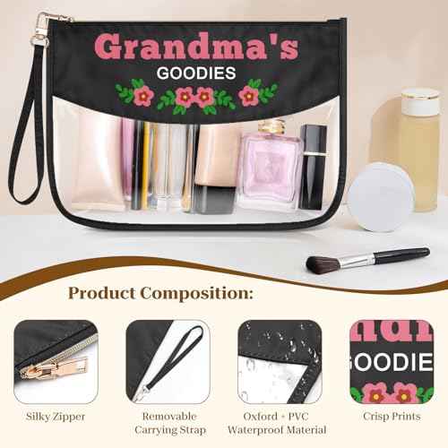 Grandma Gift Clear PVC Cosmetic Bag Grandma Birthday Gift from Grandchildren Grandma's GOODIES Makeup Bag Mothers Day Gifts for Grandma Grandmother Retirement Gifts Oxford Cloth Zipper Travel Pouch