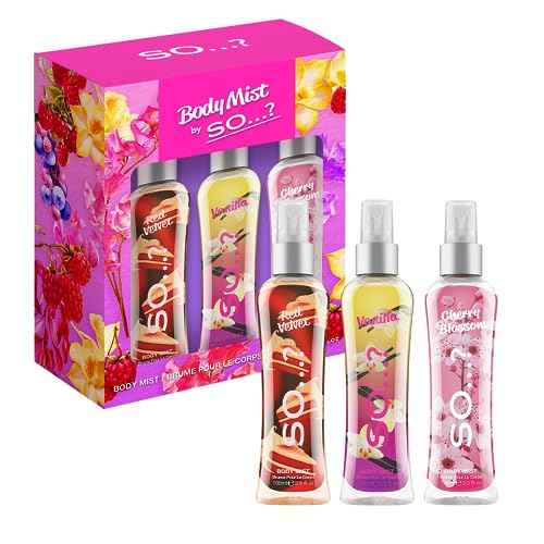 So¡¦? Body Mist Set - Perfumes for Women - Vanilla Perfume, Red Velvet, Cherry Blossom - Scents Lasting 6 Hours - Fragrance Gifts for Women - 3 pcs