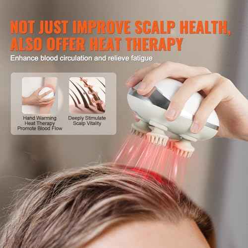 VEVOR Electric Scalp Massager with Heat, Rechargeable Heated Head Massager, IPX7 Waterproof | Portable Kneading Scalp Scratcher with 8 Removable Massage Head for Hair Growth, Deep Clean, Stress Relax