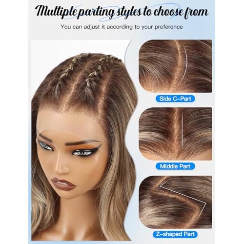 HAIRCUBE 13¡¿6 Glueless Lace Front Wavy Wig, 26 Inch Lace Synthetic Wigs for Women Brown Highlights Color