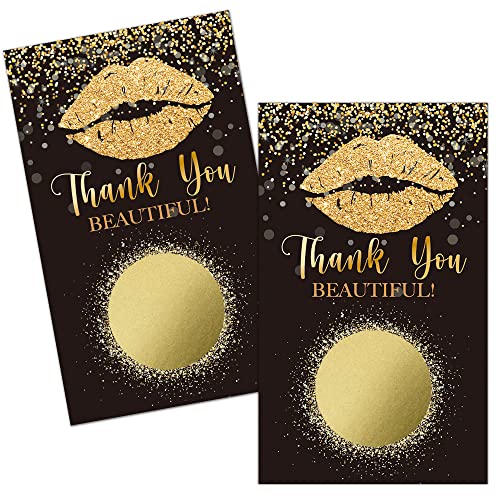 Haizct 50 Pack Thank You Blank Gifts Certificate Scratch Off Cards for Small Business, Spa Beauty Makeup Hair Salon, Bridal Shower, Baby Shower, Country Wedding (Golden Lip Gloss)-GK095