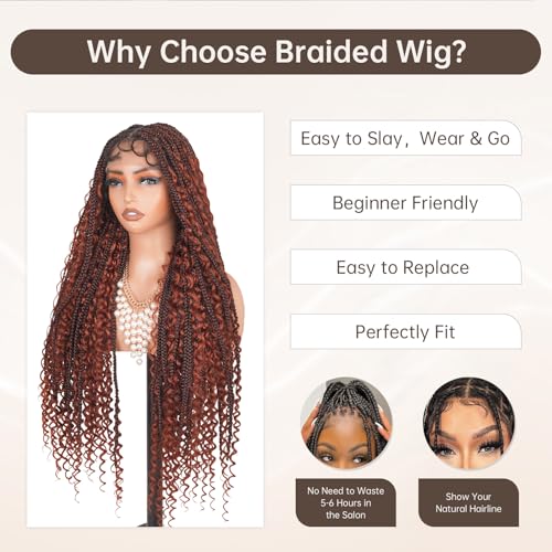Knotless Boho Braided Wigs for Black Women Full Double Lace Human Hair Blended Synthetic Box Braids Wig with Bohemia Curly Ends (1B350, 28 Inch)