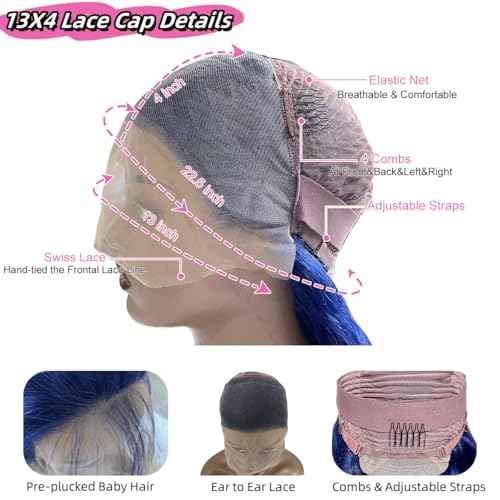 Dark Blue Lace Front Wigs Human Hair Pre Plucked 180% Density 26 Inch Body Wave HD 13x4 Lace Front Pre Plucked Dark Blue Human Hair Wigs with Bleached Knots Natural Hairline