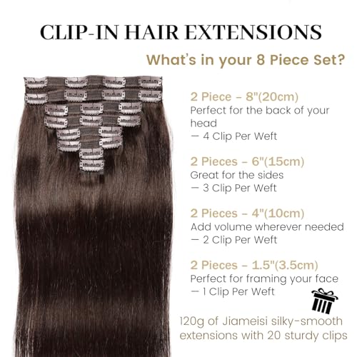 Jiameisi Clip in Hair Extensions Real Human Hair, 18inch Remy Human Hair Extensions Double Weft 120g 8pcs, Natural Straight Clip ins for Women, Ideal for Daily, Party, Wedding Looks #2 Dark Brown
