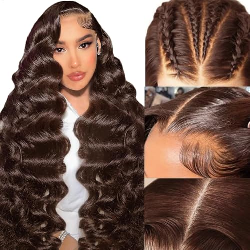 Chocolate Brown Lace Front Wig 220% Density Brown Wig Human Hair 13x6 Hd Lace Front Wigs Human Hair Pre Plucked with Baby Hair 28 Inch Brown Loose Body Wave Human Hair Wig for Women