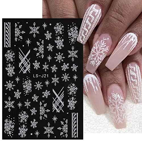 Christmas Nail Art Stickers Decals 3D Christmas White Snowflake Self-Adhesive Nail Art Supplies Snowflake Elk Heart Design Acrylic Nail Stickers for Women DIY Manicure Tattoos Decoration 6 Sheets