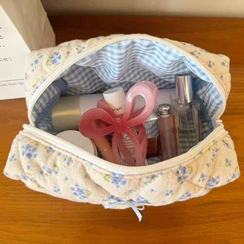 Cotton Quilted Makeup Bag Coquette Accessories Make up Bag Organizer Cute Floral Cosmetic Pouch Travel Makeup Bag for Women (Blue floral)