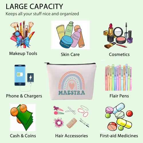 FOTAP Maestra De Espanol Gift Maestra Spanish Teacher Makeup Bag Spanish Bilingual Maestra Teacher Gift Teacher Appreciation Gift Retirement Gift (Maestra)