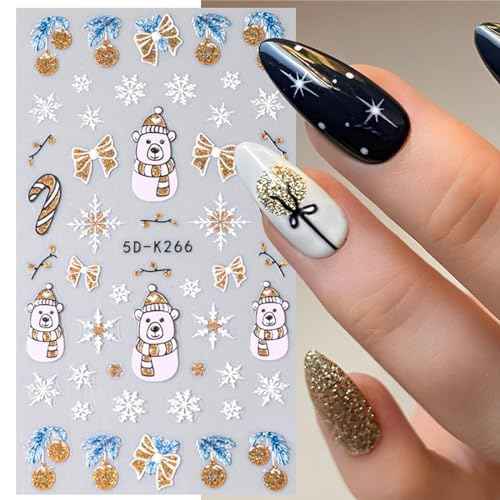 Christmas Nail Art Stickers Snowflake 5D Embossed Nail Decals 8PCS Gold Silver Glitter Snowman Christmas Tree Bell Cane Bear Nail Design Winter Nail Decoration for Acrylic Nails Manicure Decorations