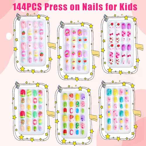 Press on Nails for Kids 144Pcs, 6 Pack Kid Press on Nail for Girls Colorful Patterns Kids Fake Nails Pre-glue Full Cover Acrylic Nail Art Christmas Easter Gifts for Girls