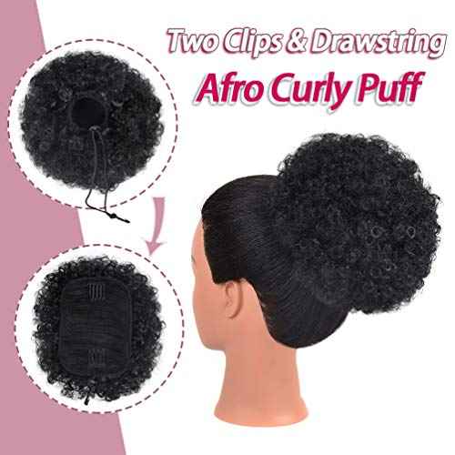 rosmile Afro Puff Drawstring Ponytail Extension for Black Women, Premium Black 1B# 80gram Short Synthetic Afro Puff Ponytail for Natural Hair,Clip On Kinky Drawstring Curly Ponytail Bun