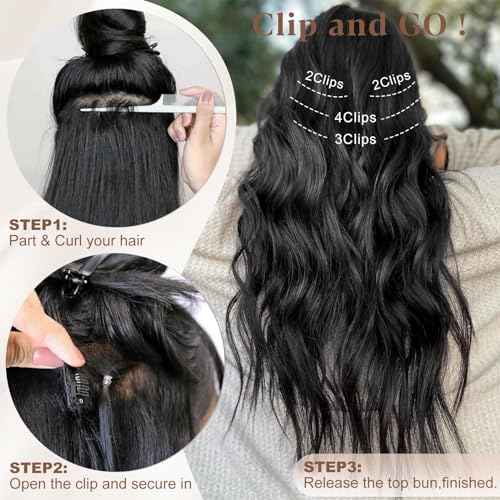 ALXNAN Clip in Long Wavy Synthetic Hair Extension 24 Inch Black 4PCS Thick Hairpieces Fiber Double Weft Hair for Women