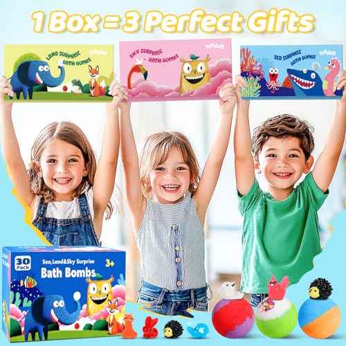30 Bath Bombs for Kids with Toys Inside, Kids Bath Bombs Gift Set with 30 Sea & Land & Sky Animal Surprise Toy, Bubble Bath Toys, Christmas Gifts for Girls Boys, Stocking Stuffers