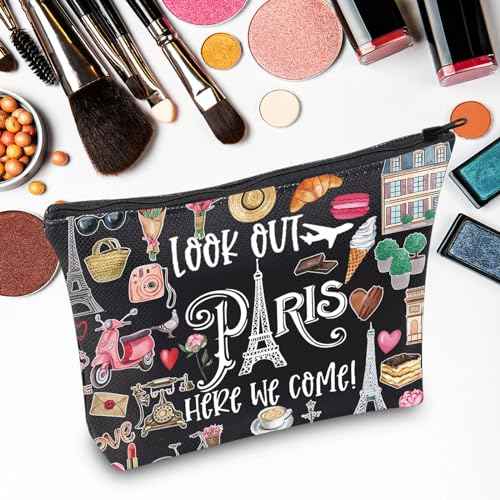 JNIAP Paris Themed Makeup Bag Paris Trip Gifts Paris Travel Bag Paris Toiletry Bag Paris Zipper Pouch Paris Makeup Pouch (look out paris black mb)
