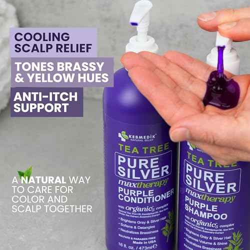Tea Tree Purple Shampoo & Conditioner Set, Professional Anti-Brass Toner, Neutralizes Yellow Tones for Grey, Silver, Ash & Bleached Highlighted Color Treated, Dry & Itchy Scalp Relief
