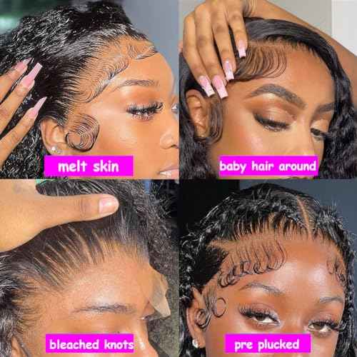 Rozilo Aomllute 30 Inch Deep Wave Lace Front Wigs Human Hair 200 Density 13x4 HD Lace Frontal Wigs Human Hair Pre Plucked Deep Curly Glueless Wigs Human Hair for Women Natural Black