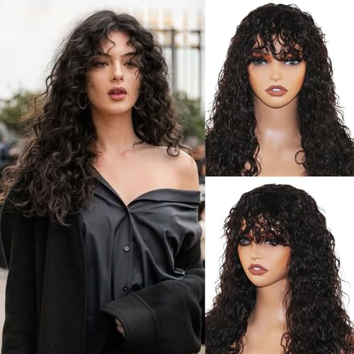 Wig with Bangs 22inch Wet and Wavy Wig with Bangs Glueless Non-Lace Front Wig Machine Made Curly Bob Human Hair Wigs 150% Density Brazilian Virgin Hair for Women Natural Color