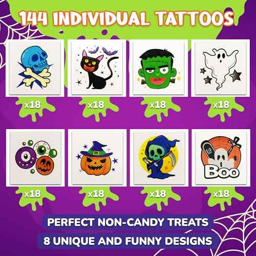 ArtCreativity Individual Halloween Temporary Tattoos for Kids - Pack of 160-2 Inch Non-Toxic Tattoos in 8 Spooky Designs - Trick or Treat Halloween Gifts, Party Favors Supplies, and Goodie Bag Fillers