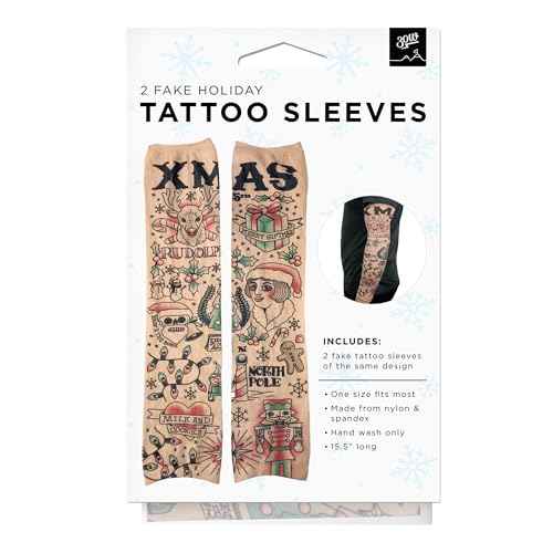 Prank-O Fake Temporary Tattoo Sleeves, Pair, Holiday Season Arm Accessories, Stretchy Material, Comfortable and Easy Slip On and Off, Christmas Parties