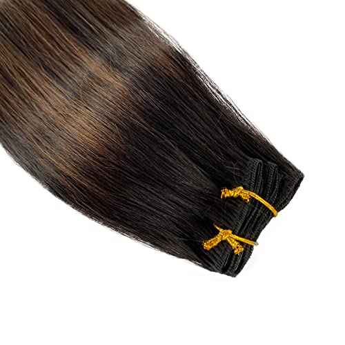 Clip in Hair Extensions Real Human Hair, Natural Black Highlights Medium Brown 18 Inches 5pcs Long Straight Clip ins Human Hair Extensions Handmade Double Weft Remy 70grams