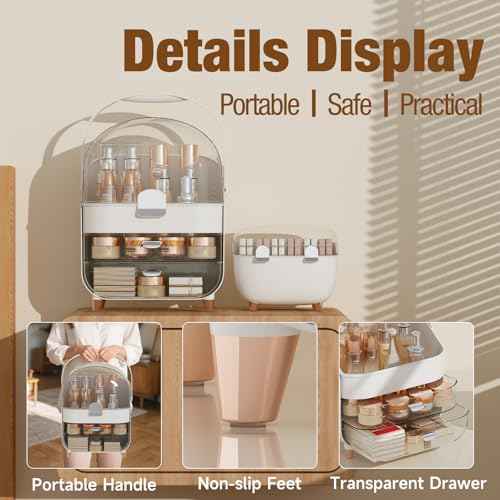 Makeup Organizer for Vanity, Skincare Organizer with Drawers, Storage Box with Handle, Cosmetic Display Cases for Dresser, Bathroom, Countertop, Christmas Gifts for Teen Girls (Silver)
