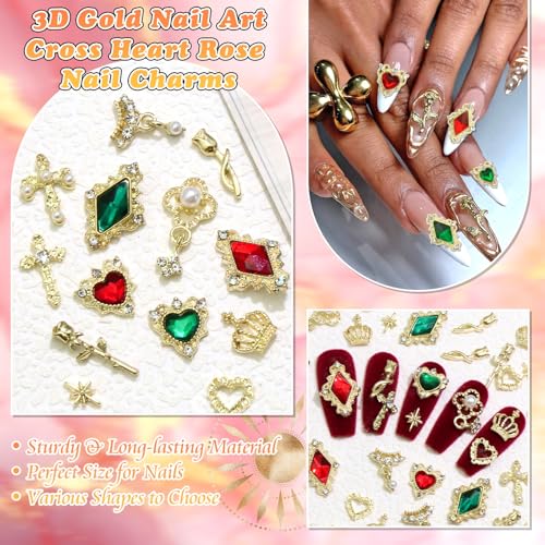 BELICEY 56Pcs 3D Gold Nail Charms Assorted Cross Star Heart Charms for Nails Alloy Rose Flower Crown Nail Decoration Luxury Nail Jewelry Green Red Gems Rhinestones for DIY Nail Art Design Crafts
