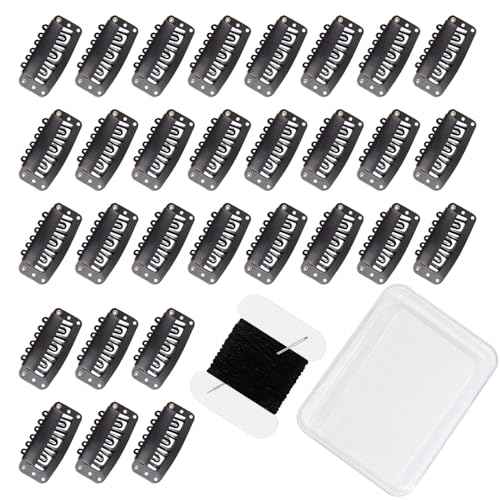 30 Pcs 32mm 6-Teeth U-Shape Wig Clips for Clip-in Hair Extensions, with DIY Needle and Thread Kit ? Snap Hair Clips for Hair Extensions Clip-ins (Black)