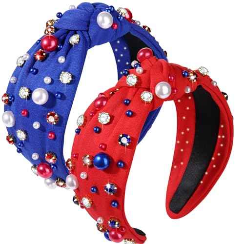 2pcs 4th of July Headband for Women Red and Blue Pearl Knotted Headband American Patriotic Element Pearl Rhinestone Jeweled Hairband Fourth Band American Independence Day Hair Accessories Gifts