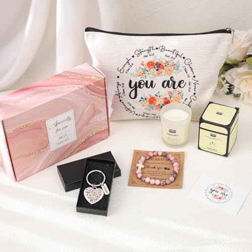 Appreciation Gifts for Mom - 5pcs Pink Box Set for Best Mother Birthday Christmas Gift for Women Thank You Present Kit with Makeup Bag Card Bracelet Keychain Candle