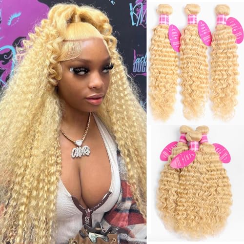 613 Blonde Deep Wave Human Hair Extensions 10-14 Inch Double Weft Wig, 12A Grade, 3 Bundles, Tangle Free, Curly, 90% Density