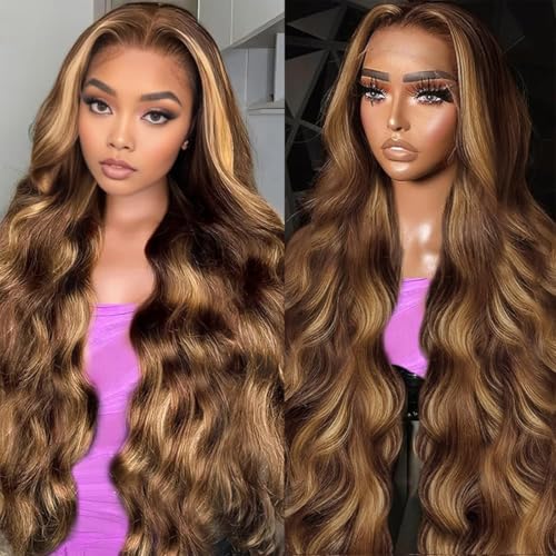 BXW Highlight Ombre Lace Front Wig Human Hair 13x6 Blonde Highlight Body Wave Lace Front Wigs Human Hair 4/27 Colored Deep Wave Wig 200% Density Honey Blonde With Frontal Wigs For Women 30Inch