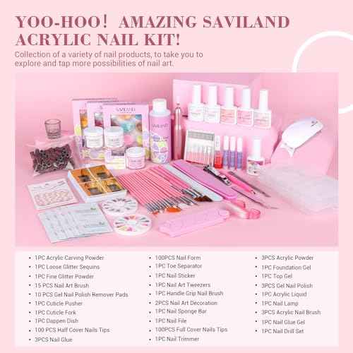 SAVILAND Essentials Acrylic Nail Kit with Everything: Professional Nail Kit Set with Nail Drill U V Nail Lamp Gel Polish Nails Tips for Salon Manicures at Home