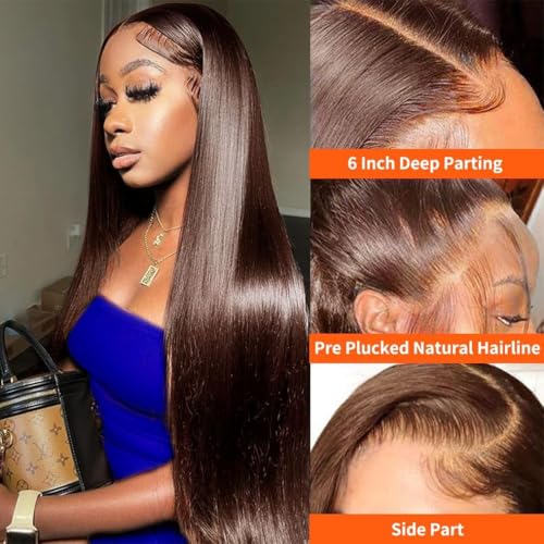14 Inch Chocolate Brown Lace Front Wigs Human Hair Pre Bleached 200% Density 13x6 HD Straight Lace Front Wigs Pre Plucked with baby Hair