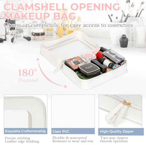 Clear Makeup Bag TSA Approved Waterproof Travel Toiletry Bag Leather Cosmetic Organizer Case Transparent Car Storage Pouch for Women(White-L)