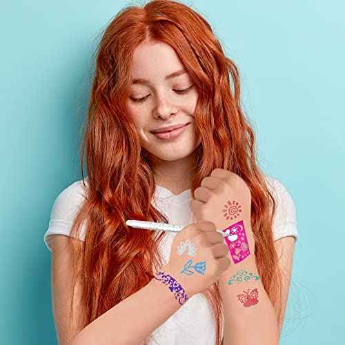 ArtCreativity Shimmery Temporary Tattoo Pens for Kids, 4 Pack, Each Pack with 6 Tattoo Markers & 3 Stencil Stickers, Washable Tattoo Body Ink, Sparkle Girls Fashion Activity, Sparkly Tats Body Art Set