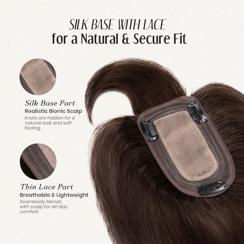 MY-LADY Human Hair Toppers for Women Real Human Hair with Bangs Thin 7 * 13CM Silk Base with Lace Clip in Straight Remy Hairpieces 150% Density 10 Inch Dark Brown
