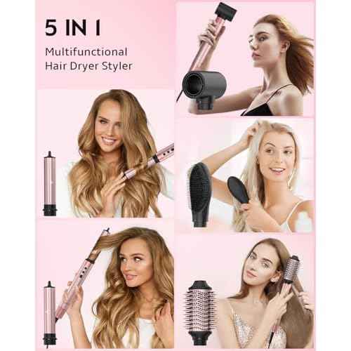 Brightup 5 in 1 High-Speed Hot Air Styler, 1400W Powerful 120000RPM Hair Dryer Brush, Negative Ions Thermal Brush, Cool Shot Button, Curler, Volumizer, Straighter, No Heat Damage, with Travel Bag