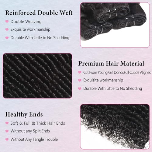 12A 3Bundles Human Hair 14 16 18 lnch Deep Wave Bundles Human Hair 100% Unprocessed Virgin Deep Curly Bundles Extensions Natural Black