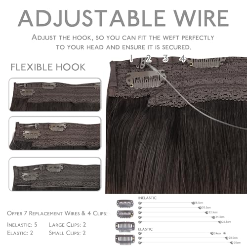 WENNALIFE Wire Hair Extensions (Increase 50% Lifespan) Real Human Hair 16 inch 95g Dark Brown Remy Hair Invisible Transparent Wire Fish Line Straight Reusable Natural Extensiones De Cabello Humano