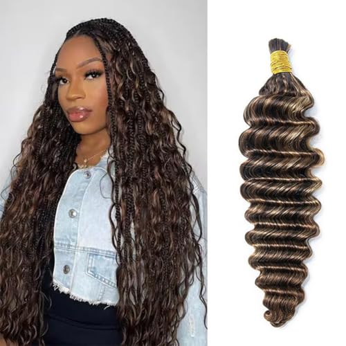 Boho Human Hair for Braiding #4/27/30 100% Brazilian Human Braiding Hair 100G Deep Wave Braiding Human Hair for Boho Braids 18 Inch