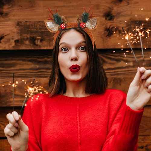 Totelux Christmas Headband Reindeer Antlers Hair Band Glitter Deer Ears Hair Accessories for Women Adult Girls Brown