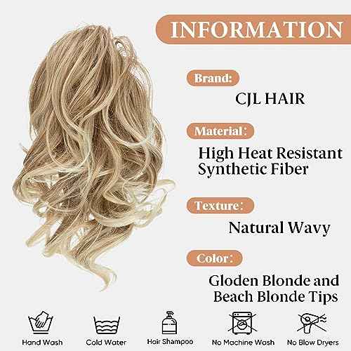 CJL HAIR Claw Clip Short Ponytail Hair Extensions DIY Bendable Metals Messy Bun Hair Piece for Wonen Wavy Curly Synthetic Fake Hairpieces Gloden Blonde and Beach Blonde Tips