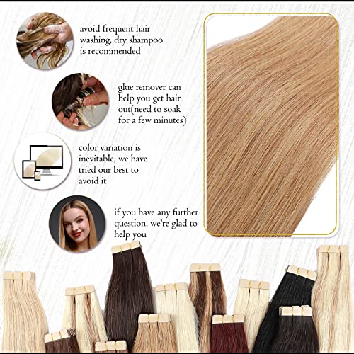 Benehair Tape-in Hair Extensions Human Hair Blonde 20pcs 50g/pack Straight Hair Extensions Seamless Skin Weft Tape-in Natural Hair for Women (20", 27 Dark Blonde)